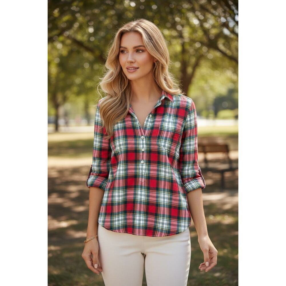 *J.CREW* Plaid Cottagecore Popover Flannel Shirt Tartan Pattern Women's XS